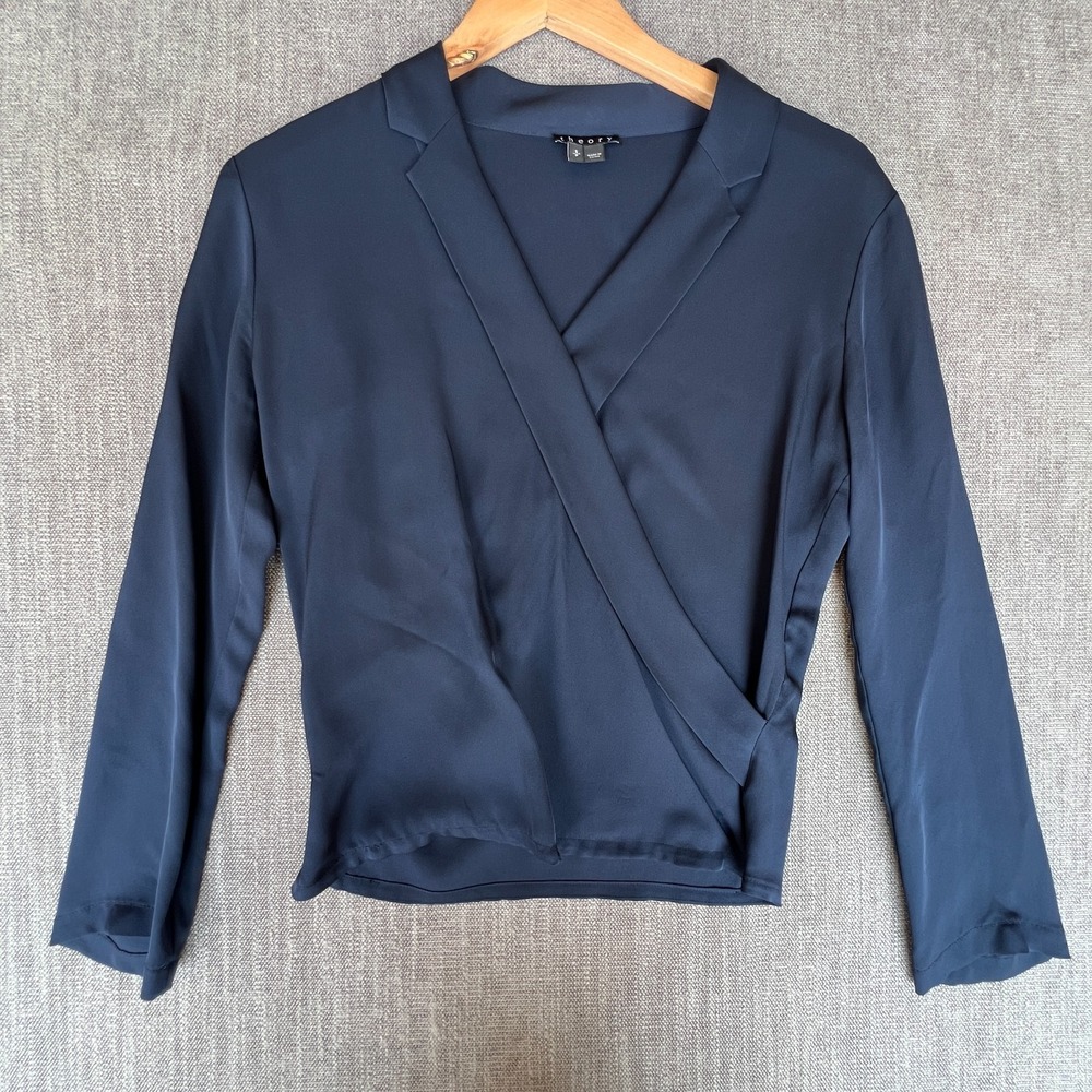 Theory Wrap Top Womens S Blue Fitted Business Casual Evening Chic Lightweight